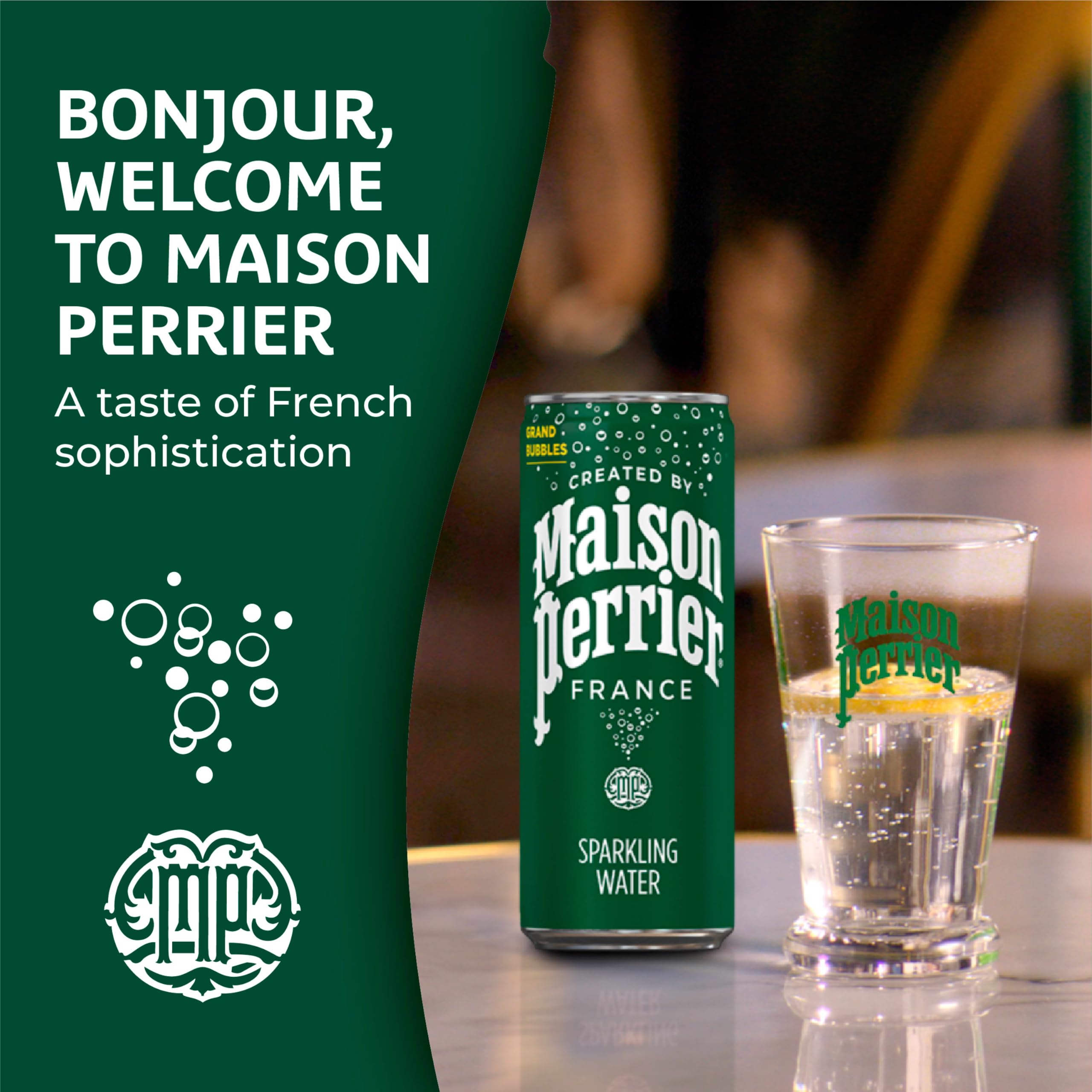 Maison Perrier sparkling bubbles detail emphasizing crisp carbonation benefit