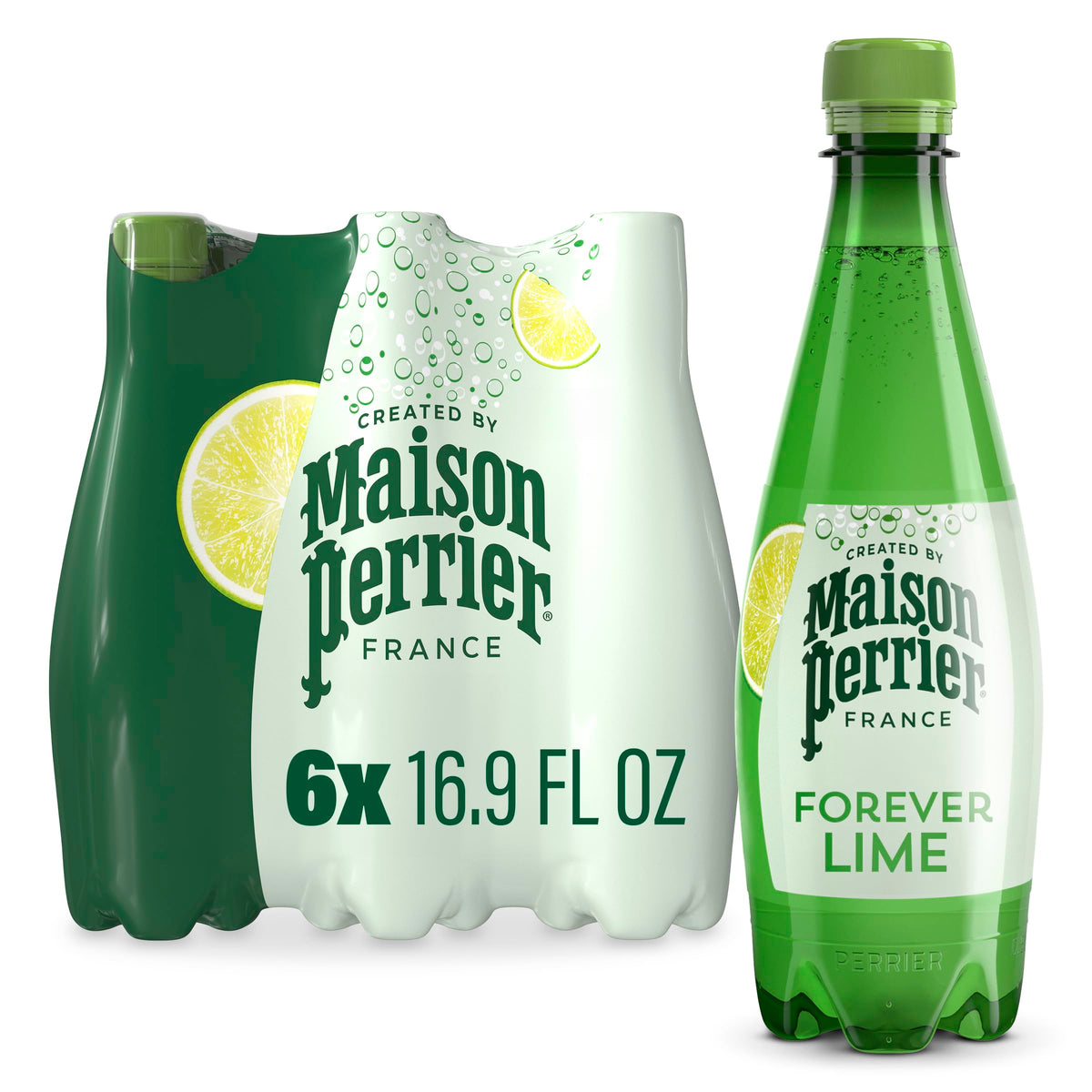 Maison Perrier front packaging showing six bottles and lime freshness