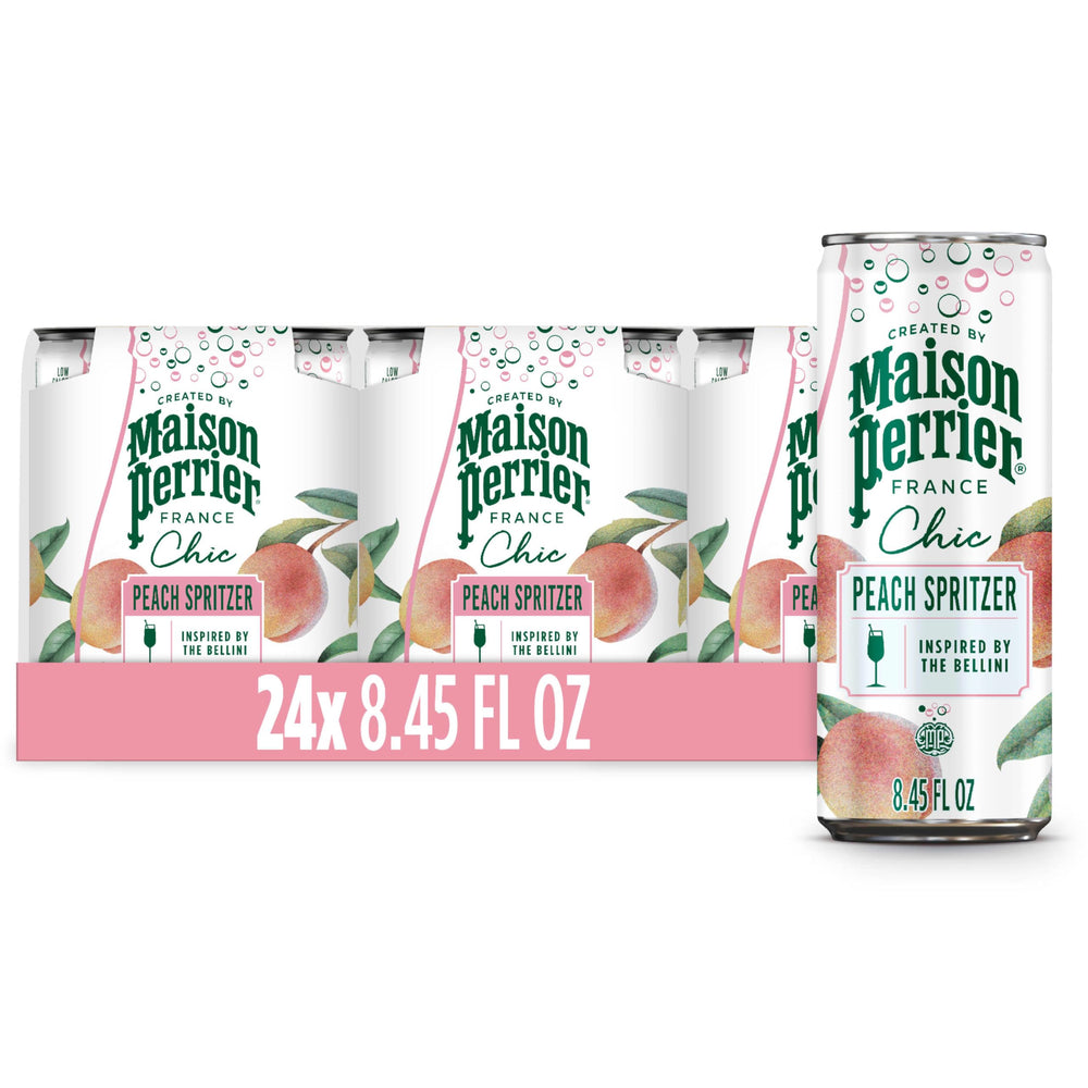 Maison Perrier front packaging showing peach spritzer, conveys elegant refreshment