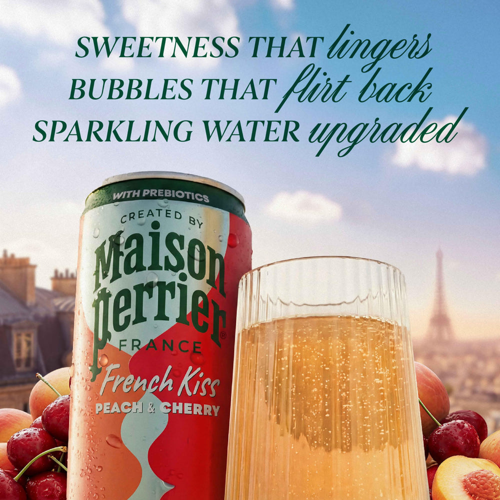 Maison Perrier splash of peach and cherry juice emphasizing real fruit flavor