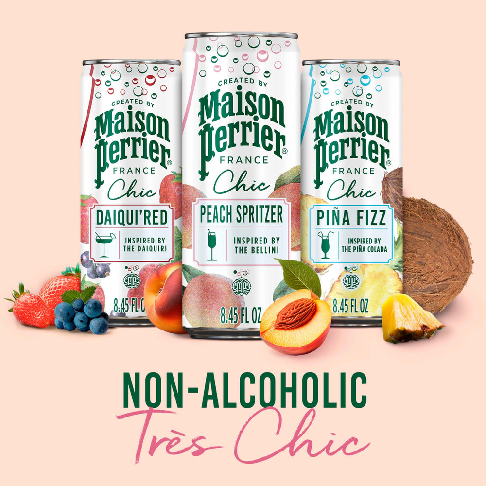 Maison Perrier can held in hand for scale, demonstrates portable low-calorie snack drink