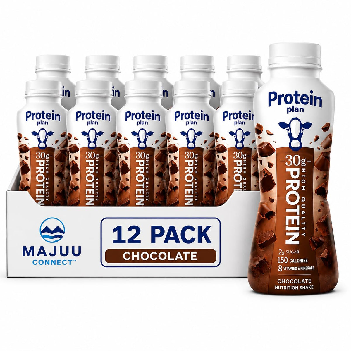 MAJUU CONNECT front packaging showing bottle and chocolate label, highlights convenience