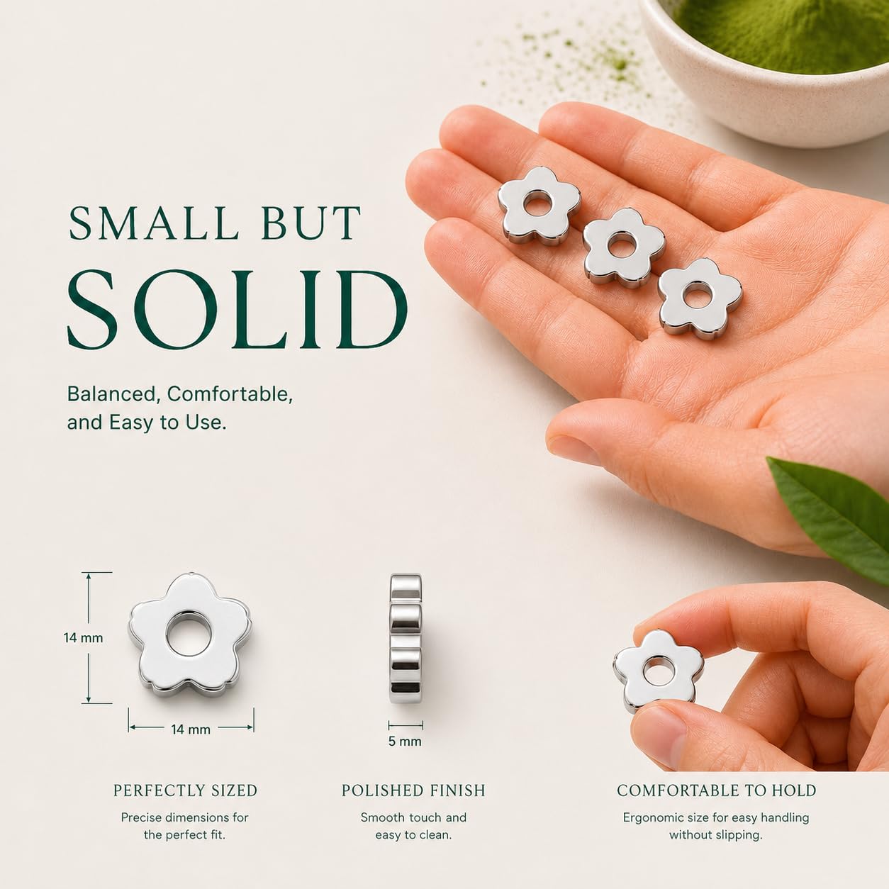 Size comparison of Makuzen beads next to coin showing compact 14mm scale benefit