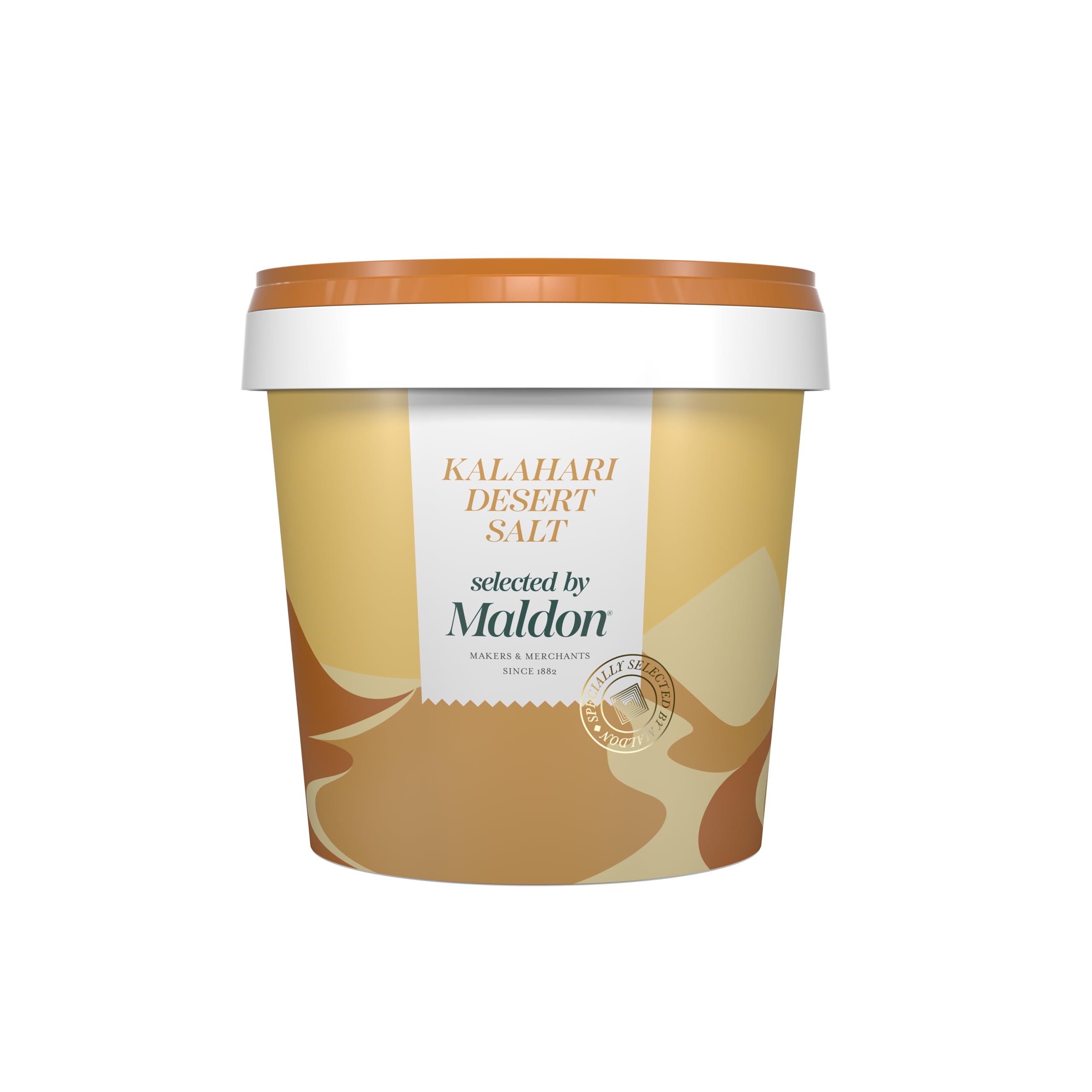 Maldon tub front packaging showing brand and coarse Kalahari salt — clear storage benefit
