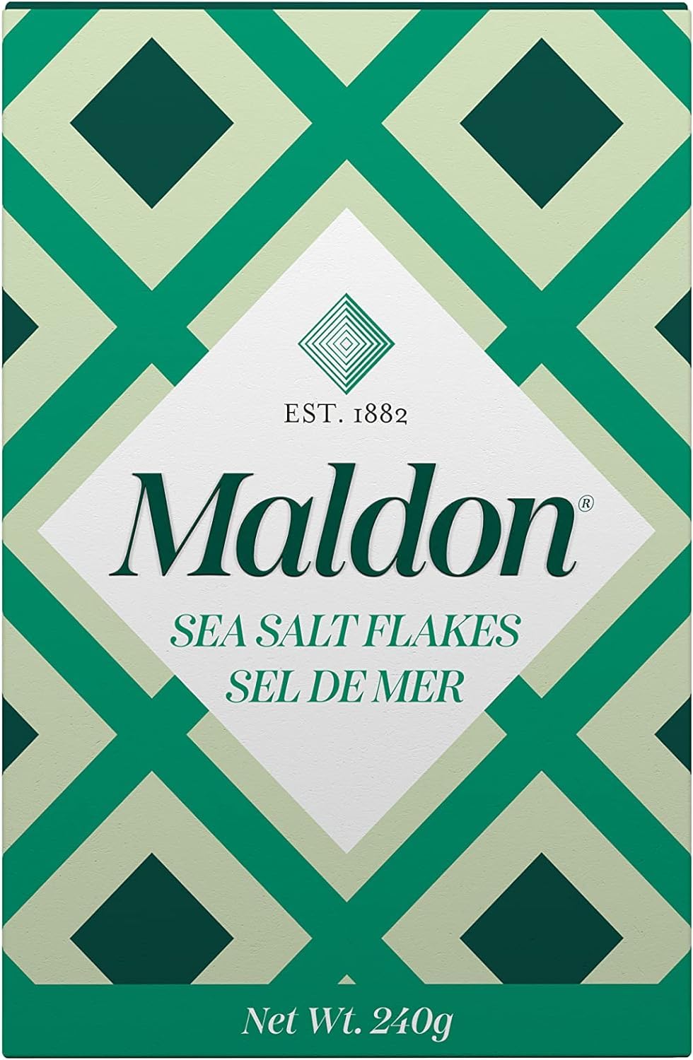 Maldon tin front packaging showing brand and flakes, highlights pure finishing salt