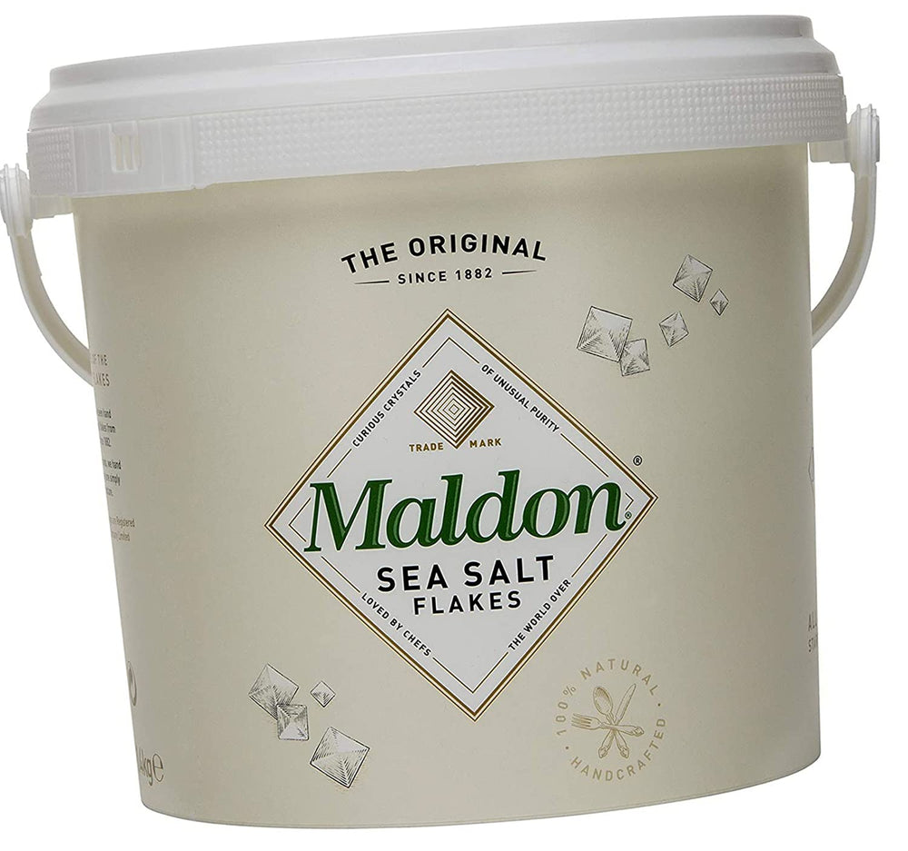 Maldon tub front view showing pyramid salt flakes and easy resealable lid for freshness