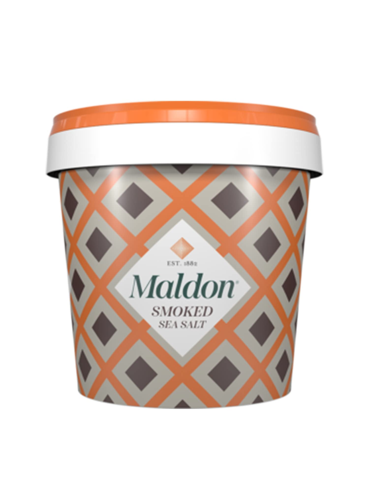 Maldon smoked sea salt tub front view showing label and resealable lid, enhancing pantry convenience