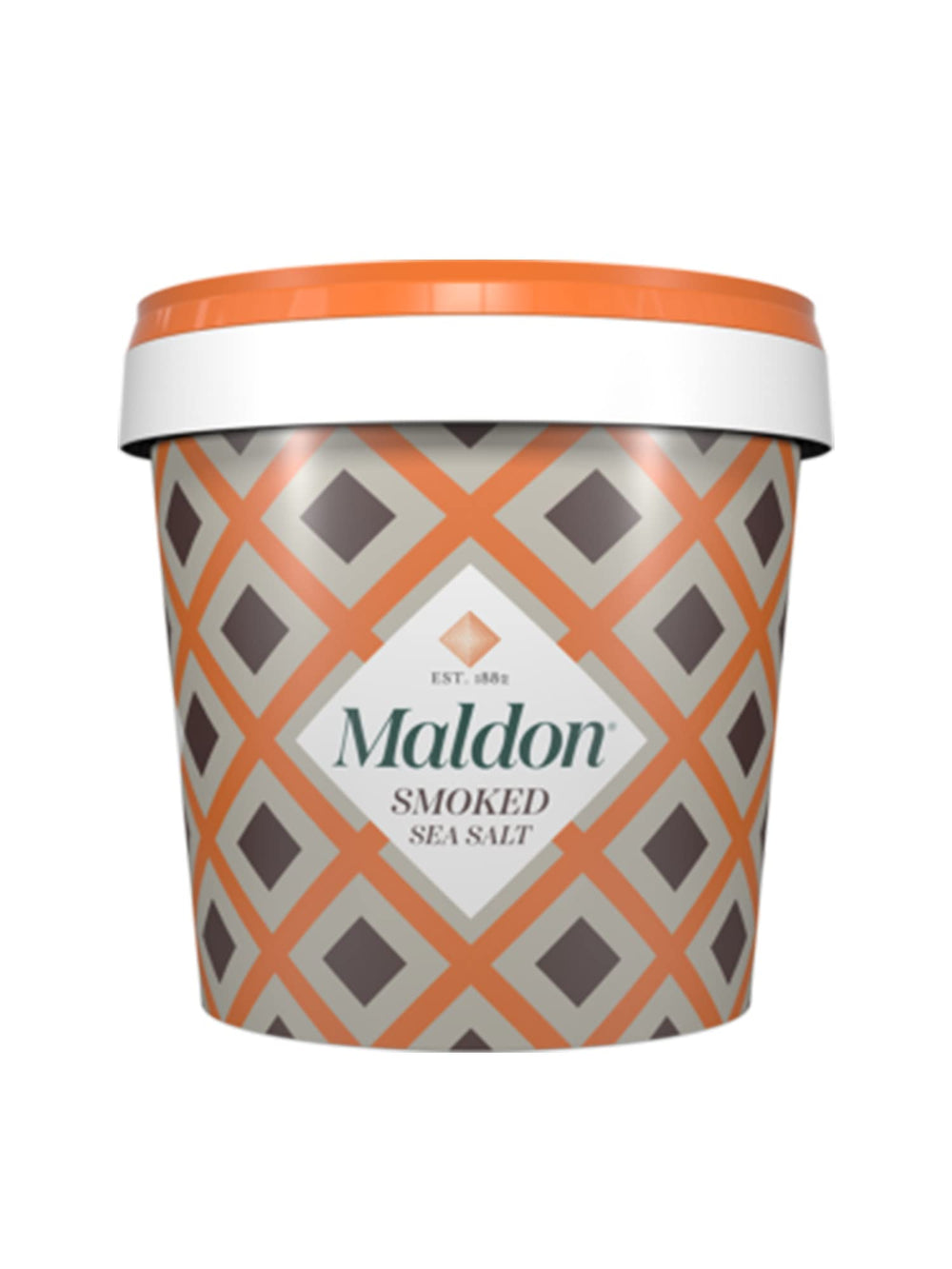 Maldon smoked sea salt tub front view showing label and resealable lid, enhancing pantry convenience