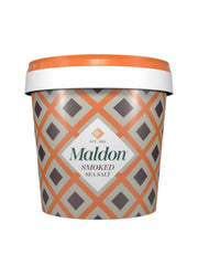Maldon smoked sea salt tub front view showing label and resealable lid, enhancing pantry convenience
