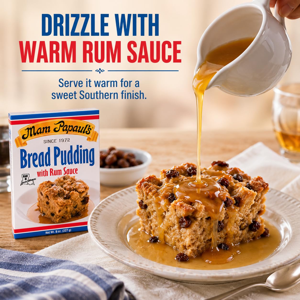 Mam Papaul's rum sauce being poured adding sweet spiced flavor