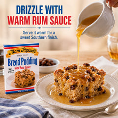 Mam Papaul's rum sauce being poured adding sweet spiced flavor