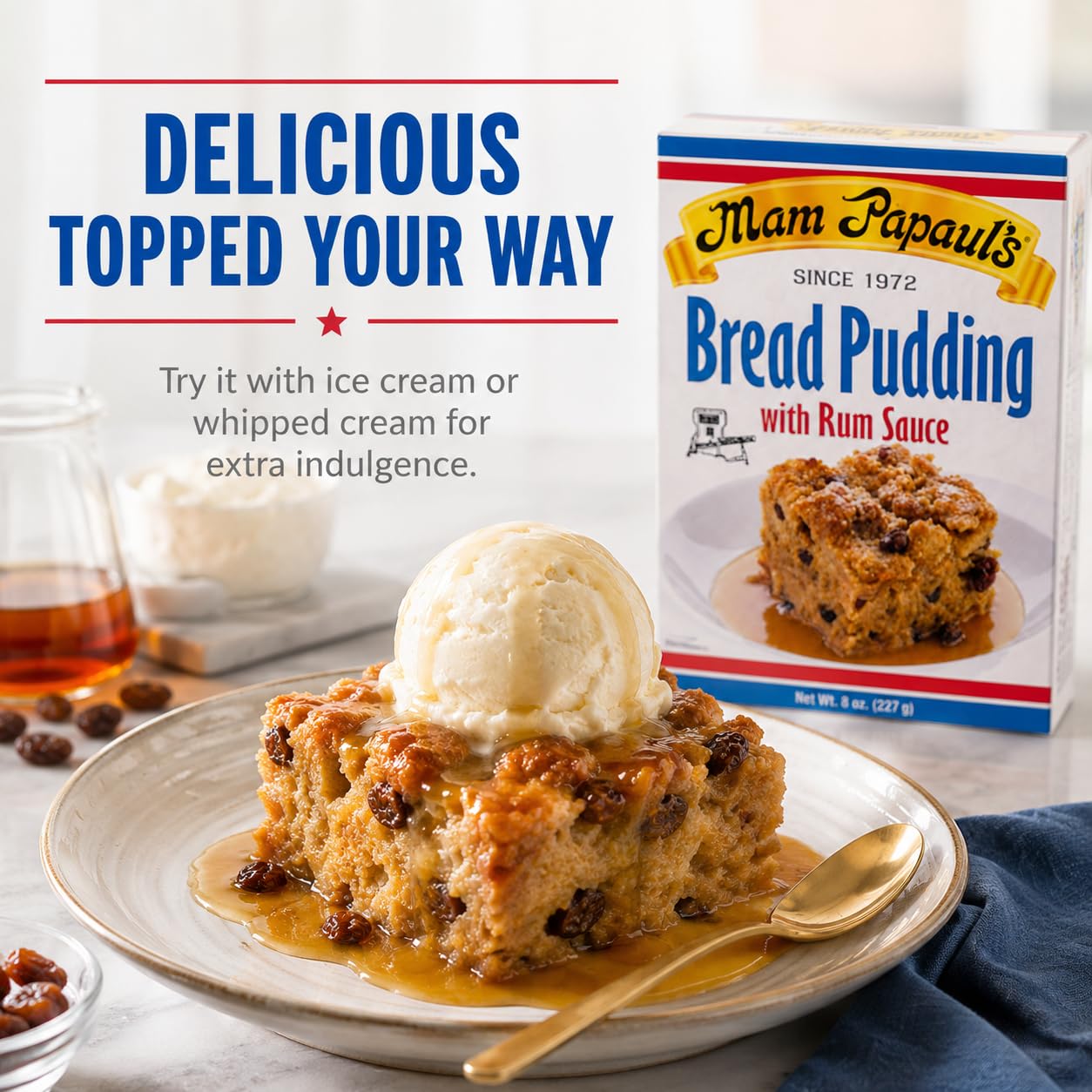 Mam Papaul's bread pudding served with ice cream for enhanced enjoyment