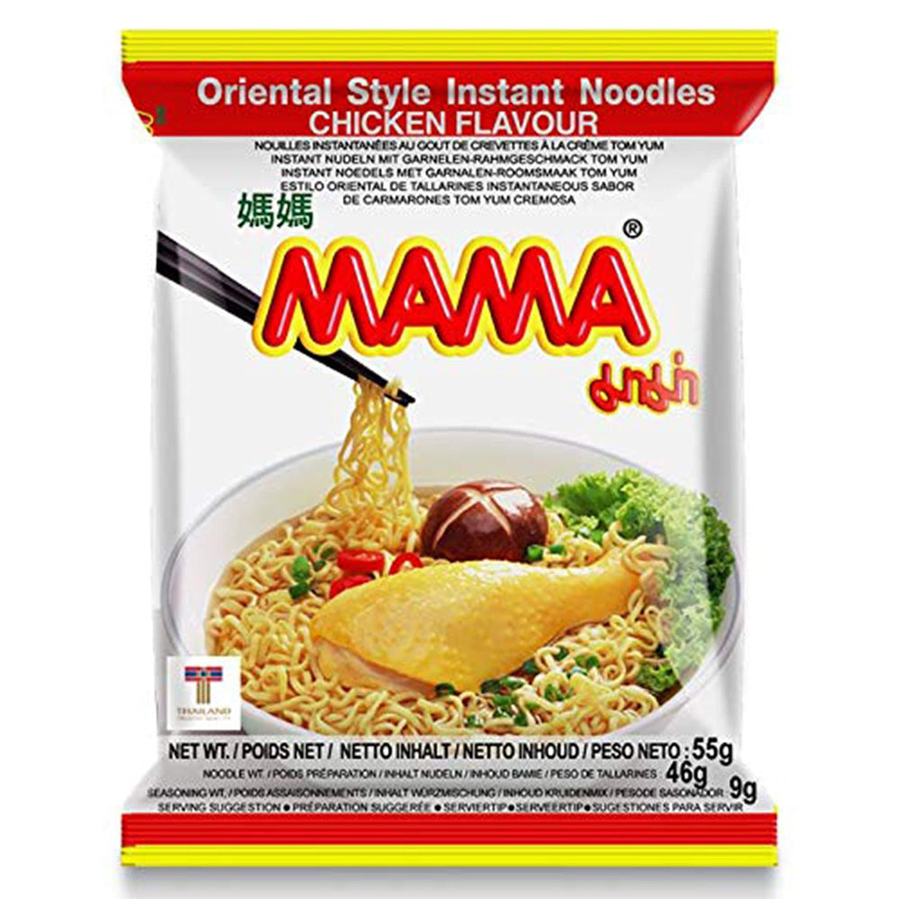 MAMA front packaging showing Chicken flavor and hot spicy appeal