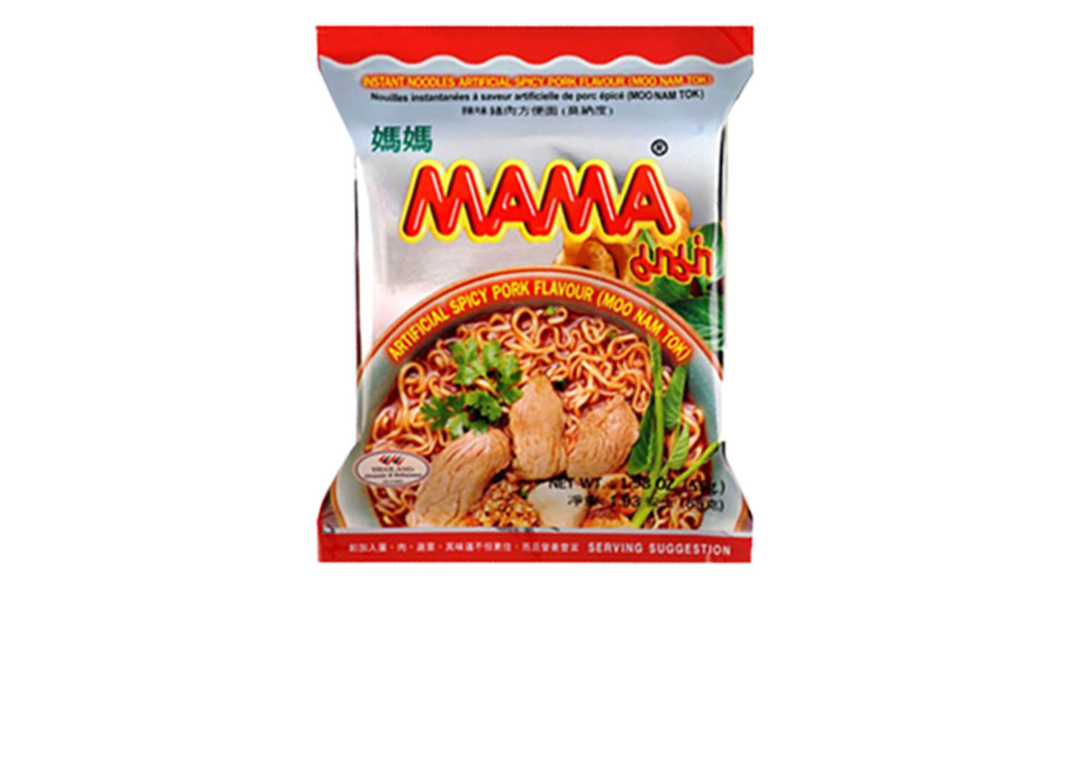 MAMA front packaging showing spicy pork flavor and 10-pack convenience, appealing for quick meals