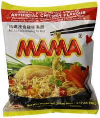 MAMA front packaging of chicken soup instant noodles showing brand and serving size, convenient for pantry stocking