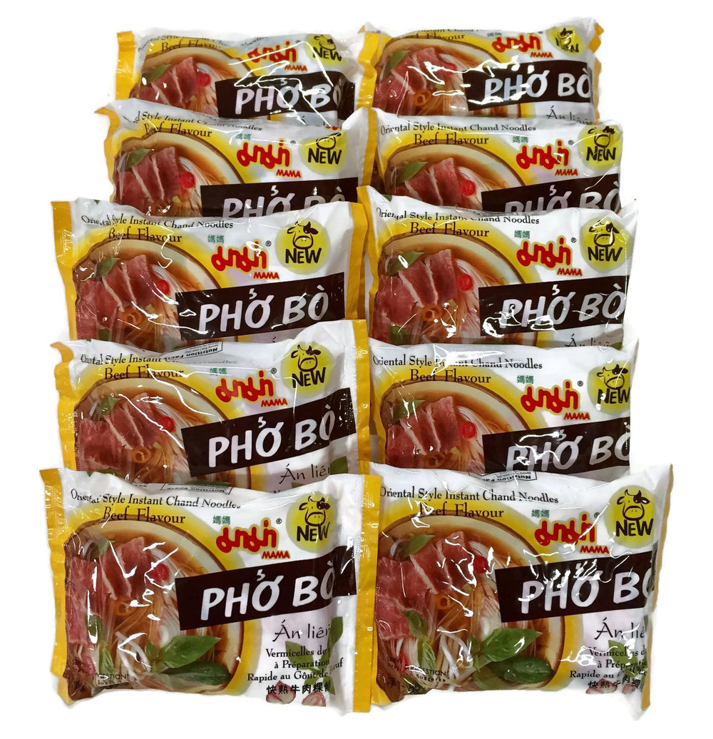 MAMA front packaging showing ten Beef Pho Bo packets and clear labeling for convenience
