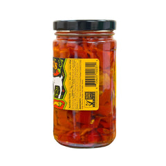 Mama Lil's jar opened to reveal peppers and seasoned oil, ready to use