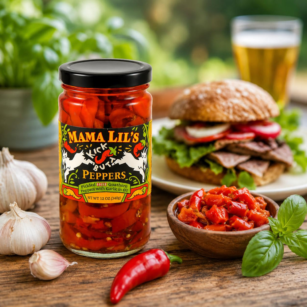 Mama Lil's open jar with spoonful showing ready-to-use condiment convenience