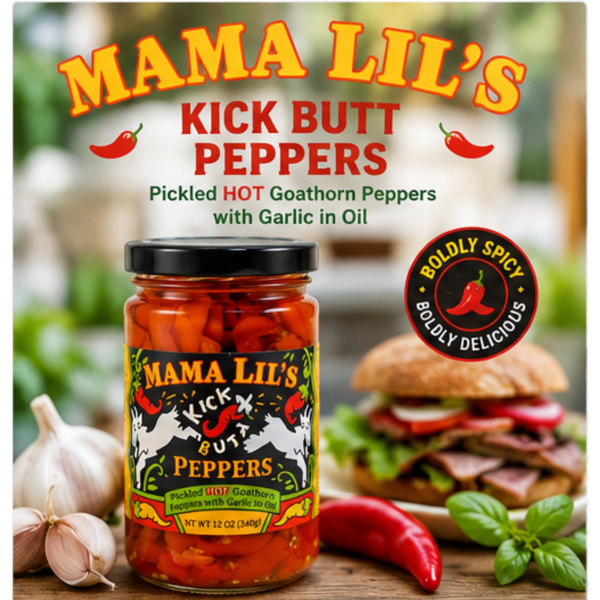 Mama Lil's sliced peppers on a sandwich adding spicy flavor and visual contrast