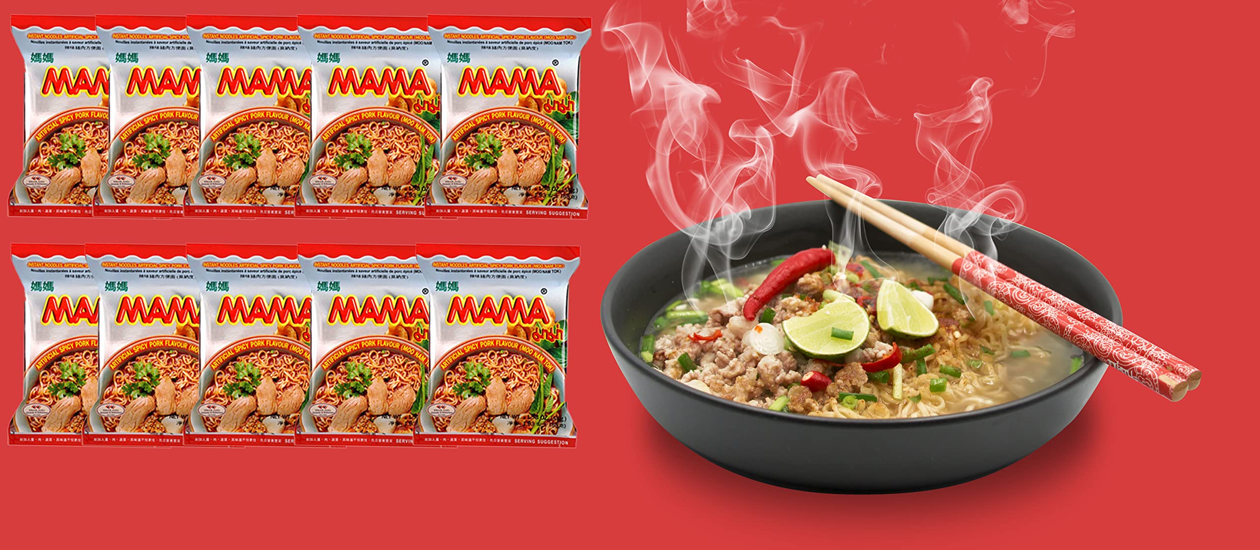 MAMA opened packet revealing dried noodles and seasoning sachets, simplifying fast cooking