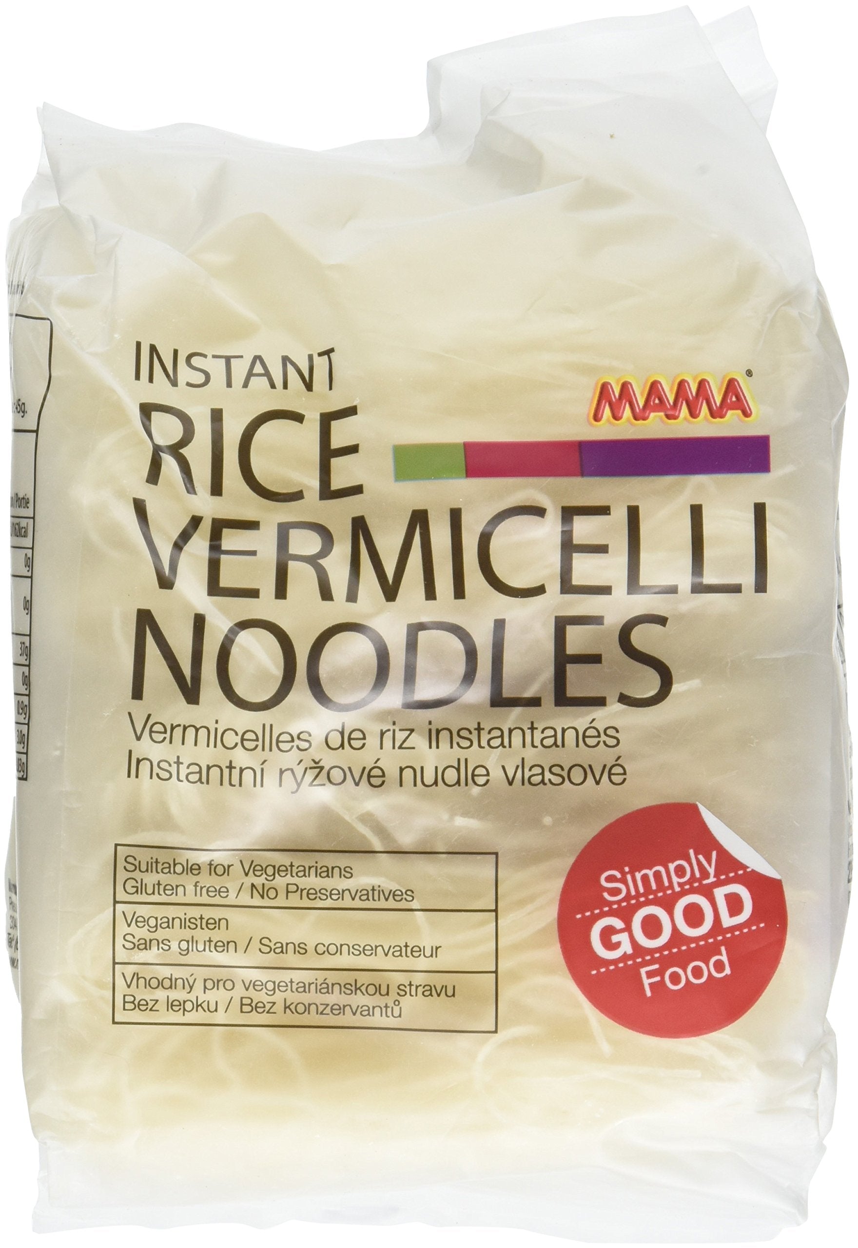 MAMA front packaging of rice vermicelli pack shows contents and convenience