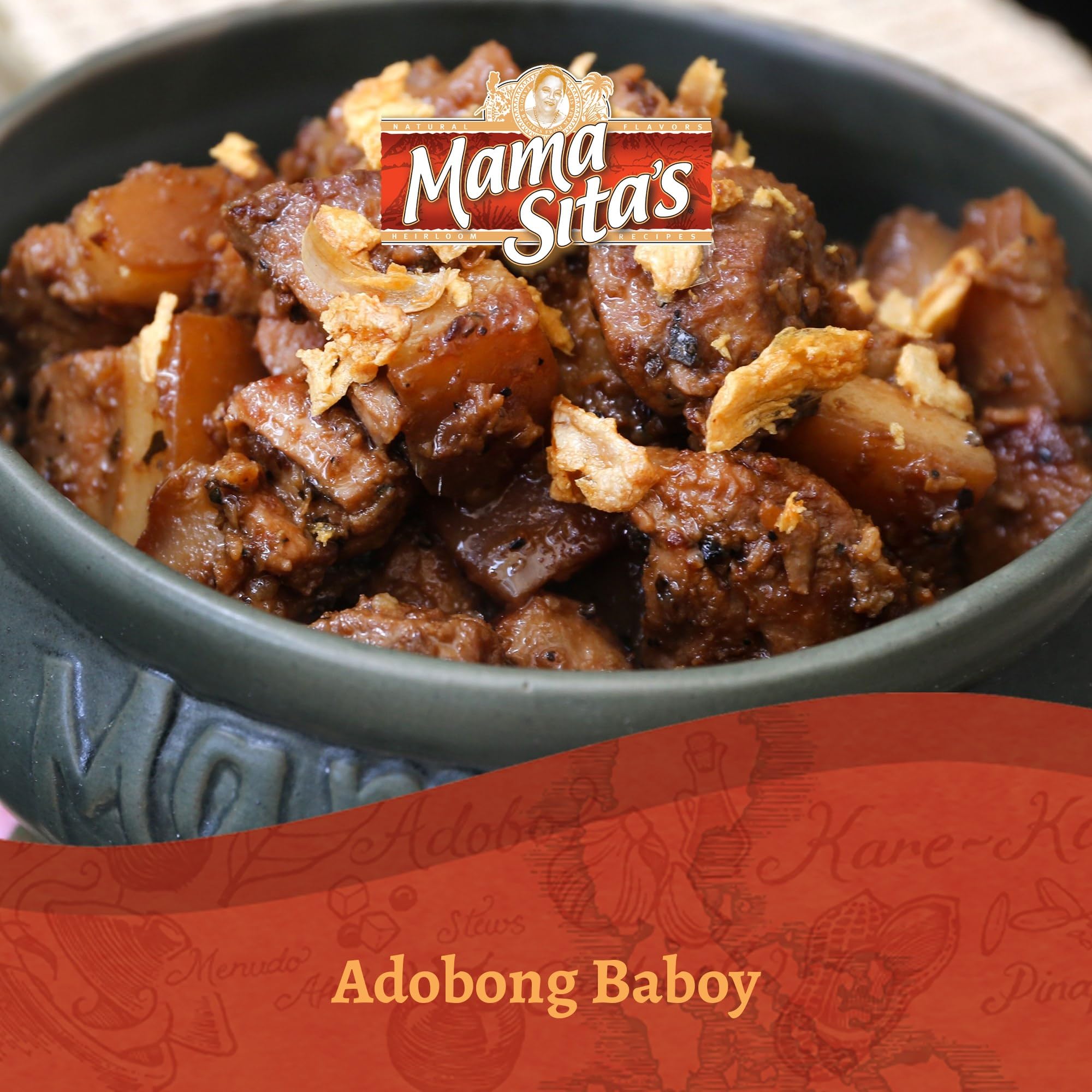 Mama Sita's adobo mix with garlic and bay leaves staged for kitchen prep