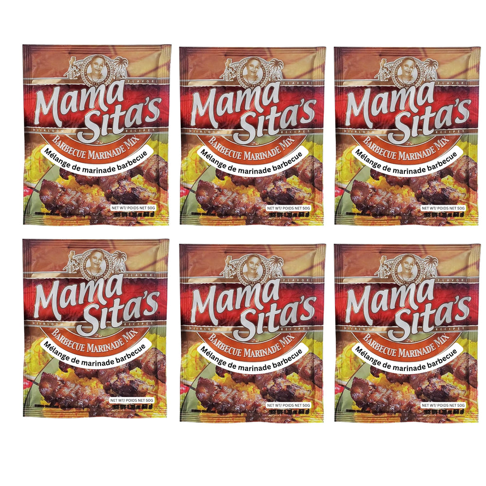 Mama Sita's front packaging showing six barbecue marinade sachets and brand clarity