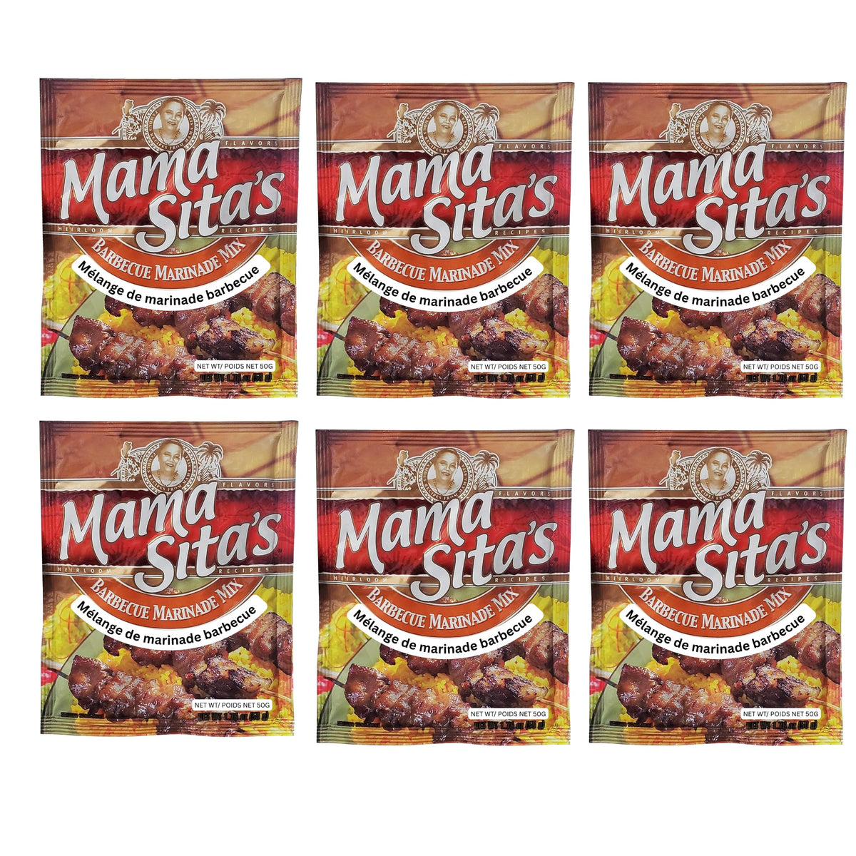 Mama Sita's front packaging showing six barbecue marinade sachets and brand clarity