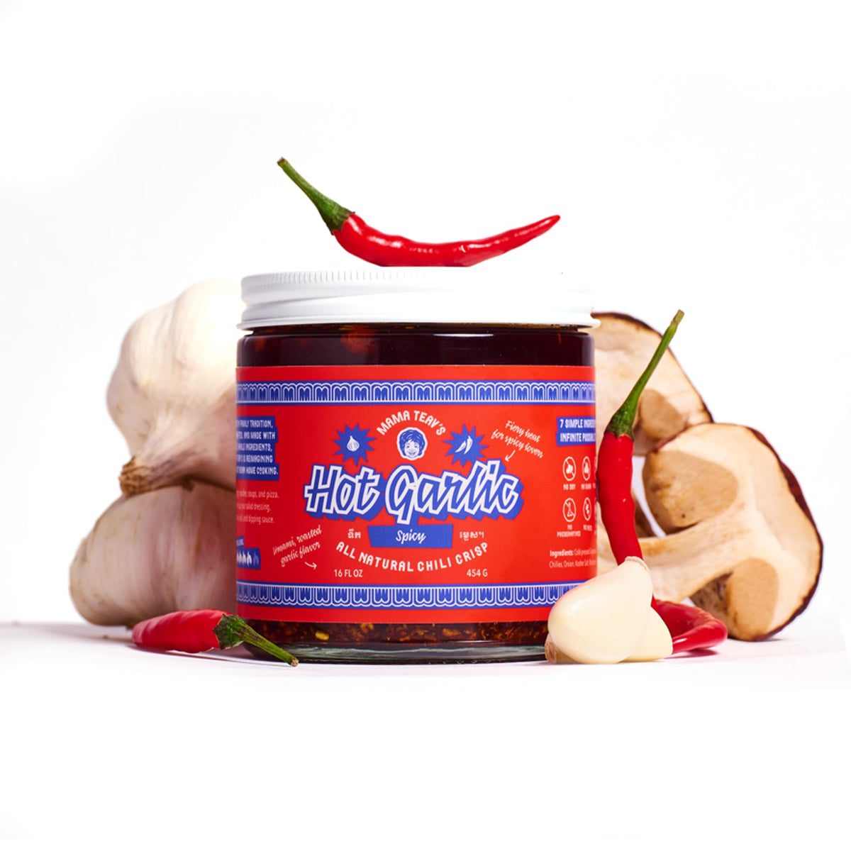 Mama Teav's front label on 16oz jar showing brand clarity and bold spice