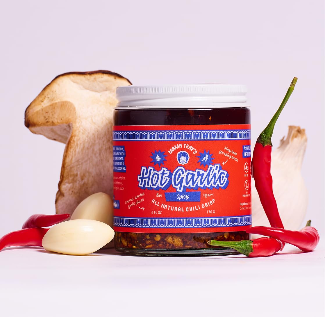 Mama Teav's front jar label showing chili crisp branding and size benefit