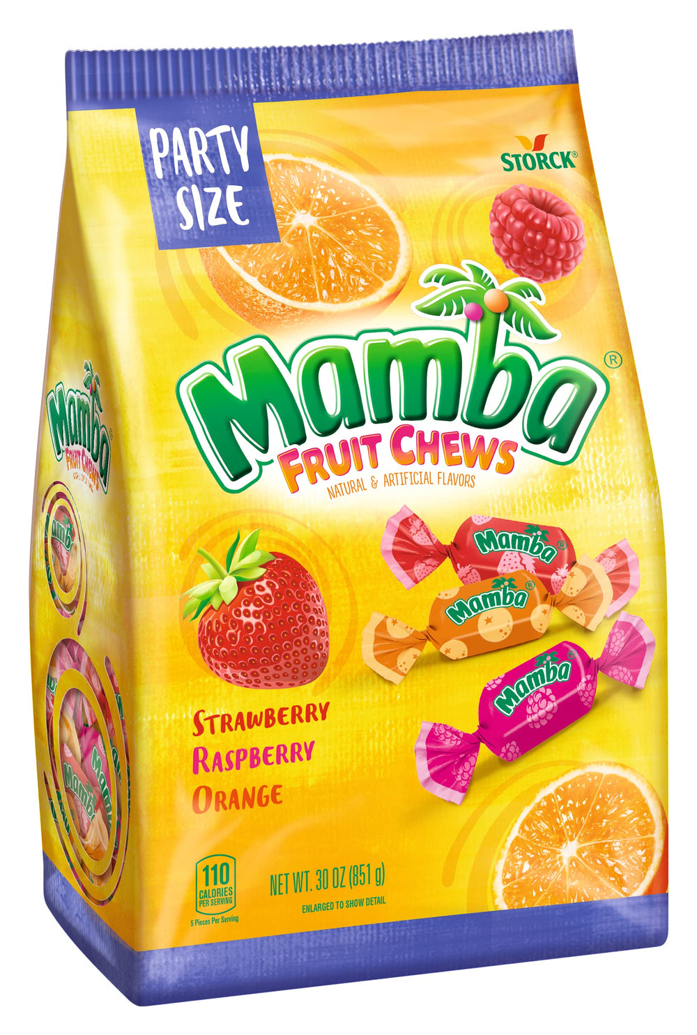 Mamba front bag showing brand and assorted fruit flavors for easy recognition