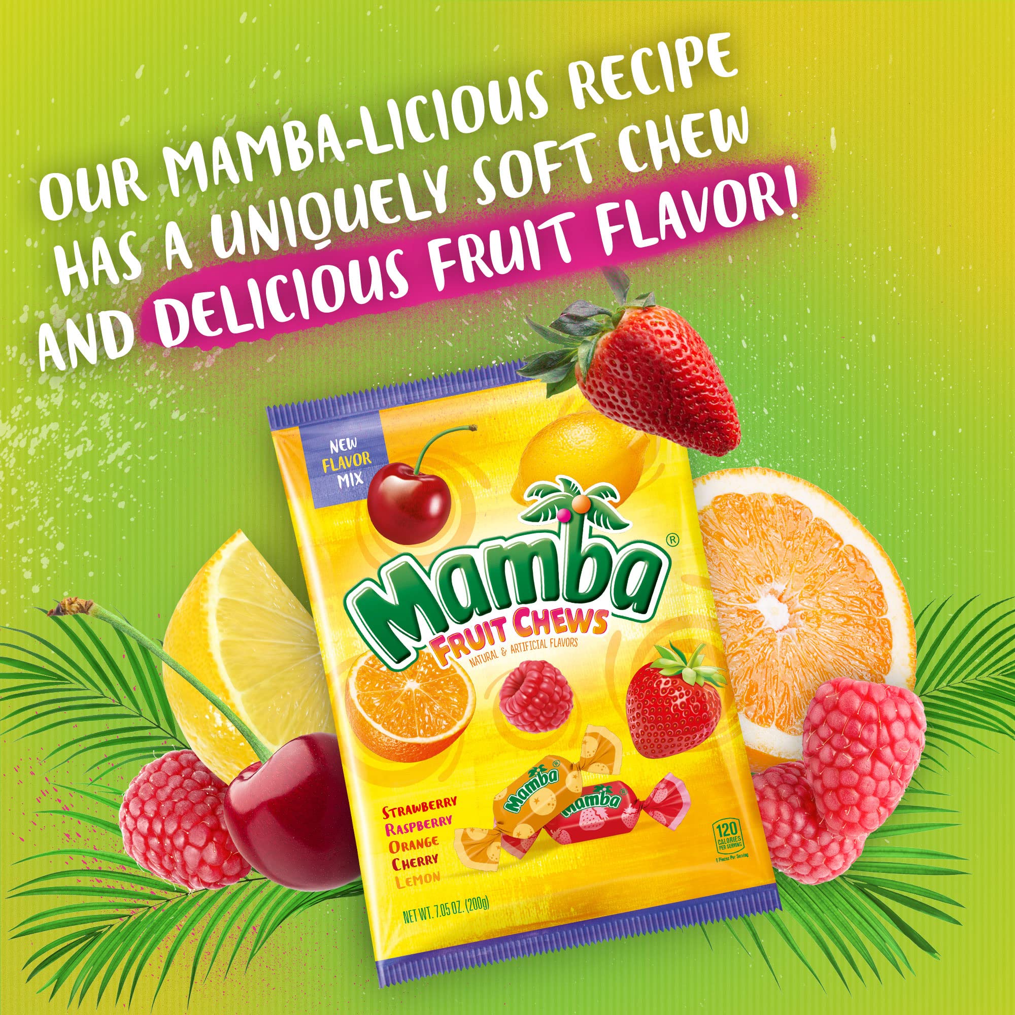 Hand holding a small handful of Mamba chews to show portability and shareability
