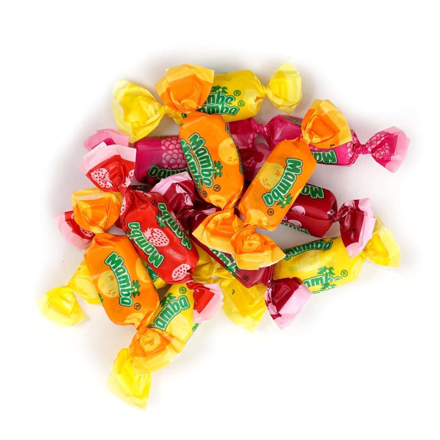 Mamba individually wrapped candies spread out to show hygienic packaging and easy grab-and-go convenience