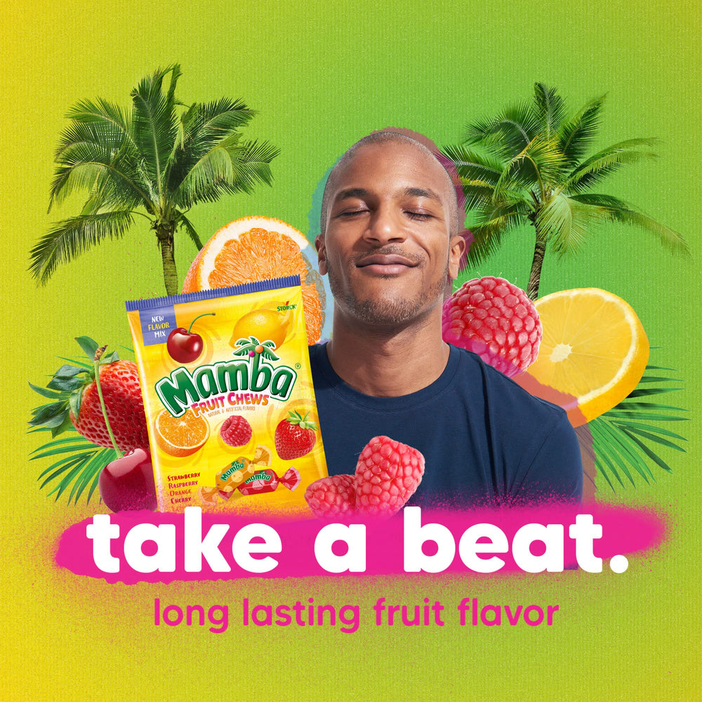 Mamba chews next to a hand for size comparison and convenience indication