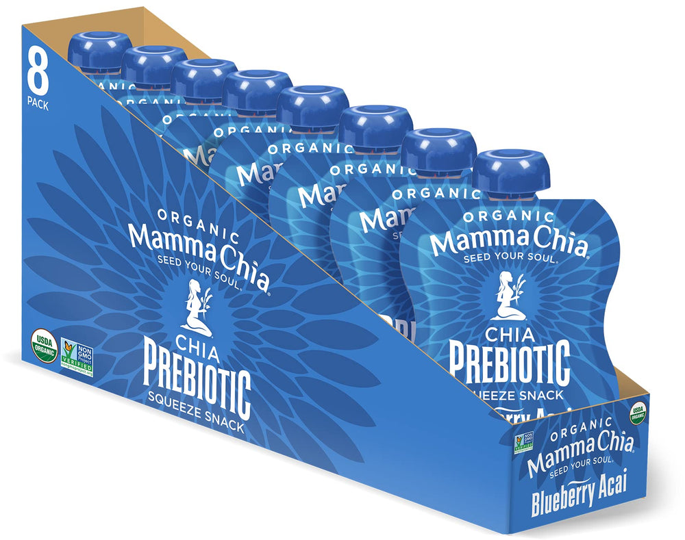 Mamma Chia front packaging showing organic blueberry acai pouches for convenient snacking