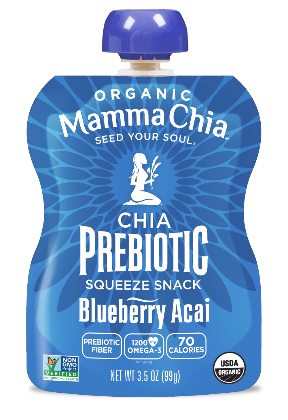Open Mamma Chia pouch on a spoon highlighting spoonable texture and ready-to-eat convenience