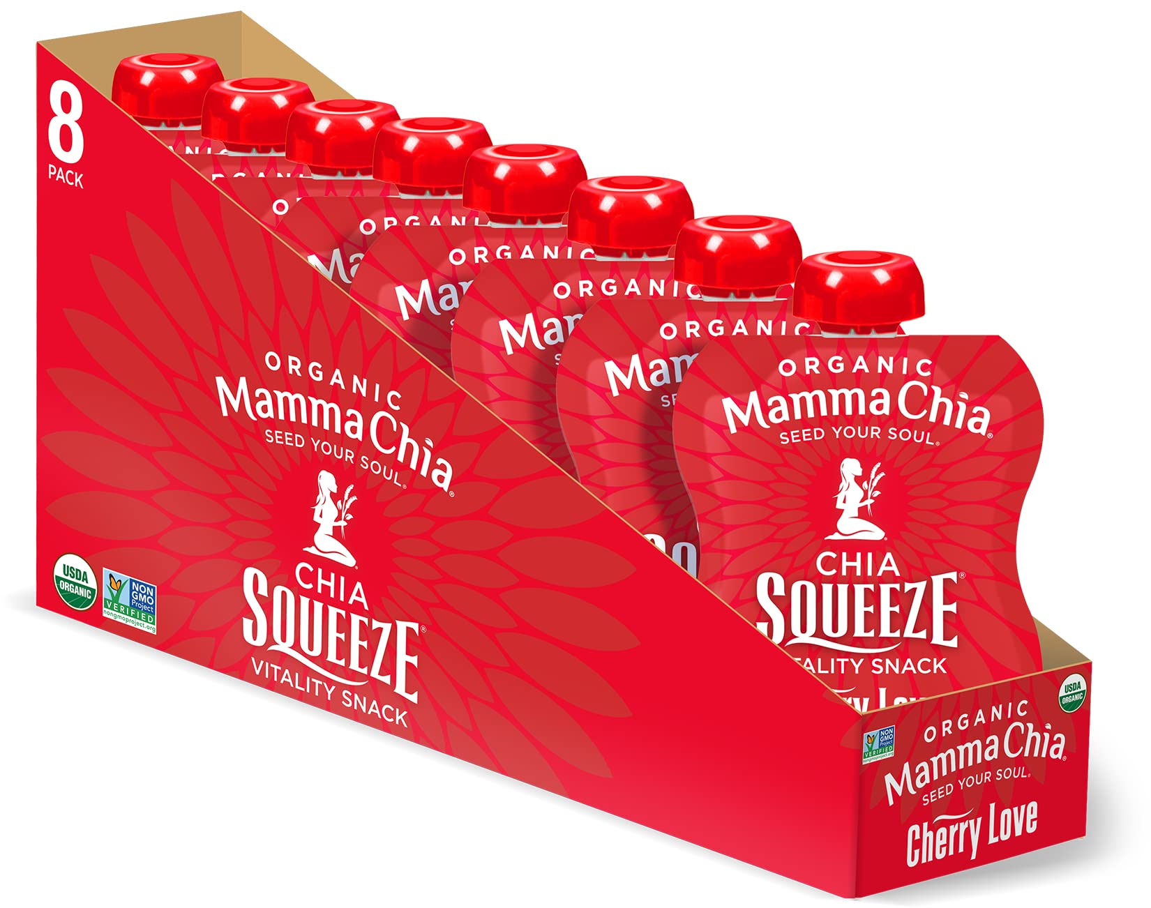 Mamma Chia front packaging showing Cherry Love pouch and organic badge