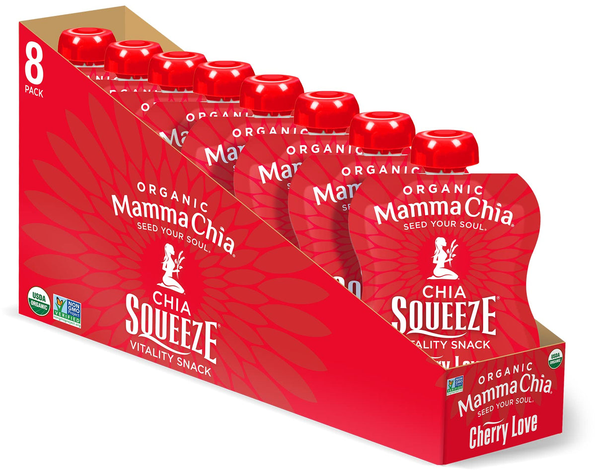 Mamma Chia front packaging showing Cherry Love pouch and organic badge