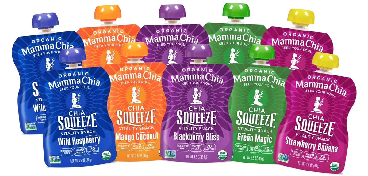 Mamma Chia front packaging variety pouch display showing portable convenience
