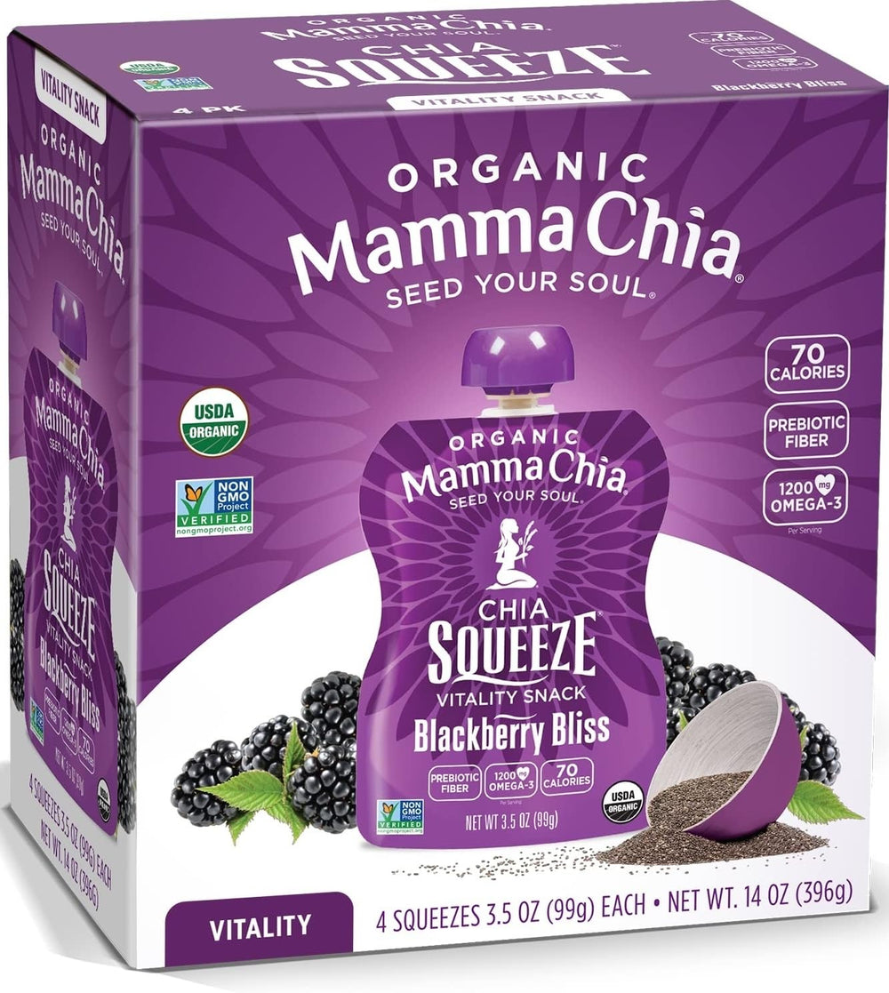 Mamma Chia front packaging showing 24 pouches and organic claims for easy stocking