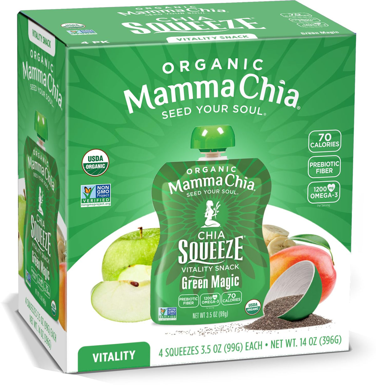 Mamma Chia front packaging showing organic green magic pouches and benefits