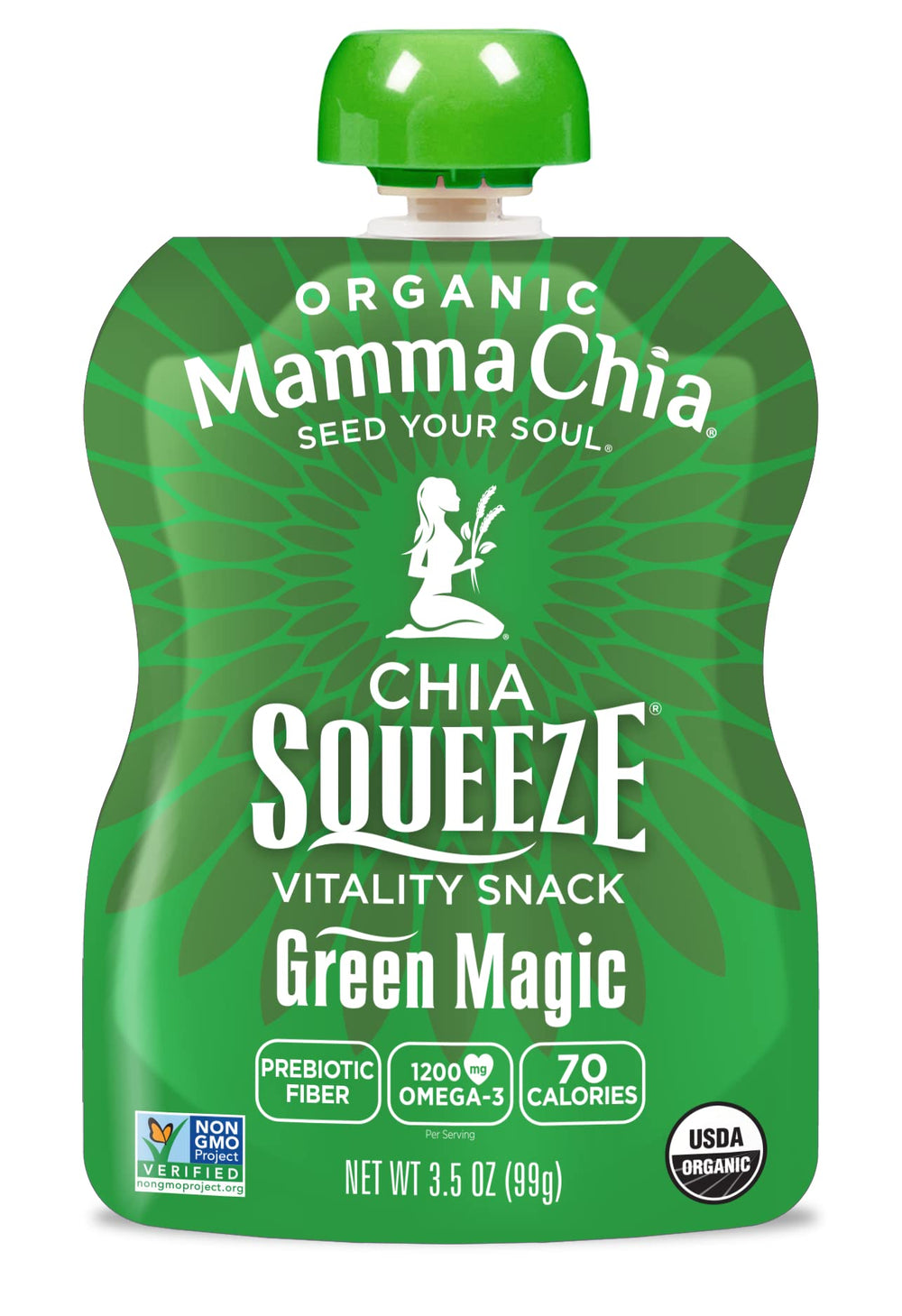 Mamma Chia pouch close-up highlighting label and easy-squeeze cap convenience