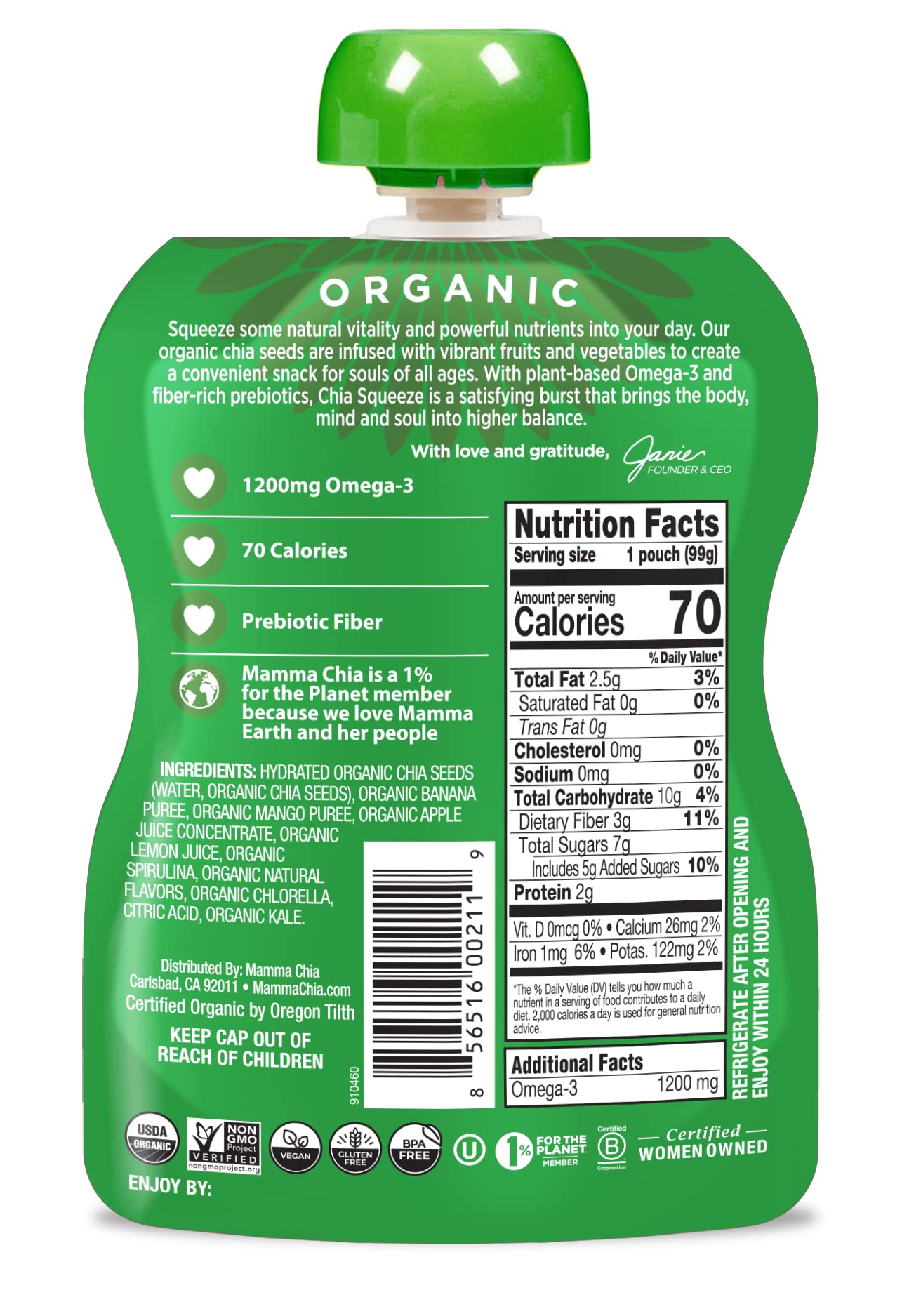Mamma Chia ingredients spread with banana mango kale showing natural ingredients