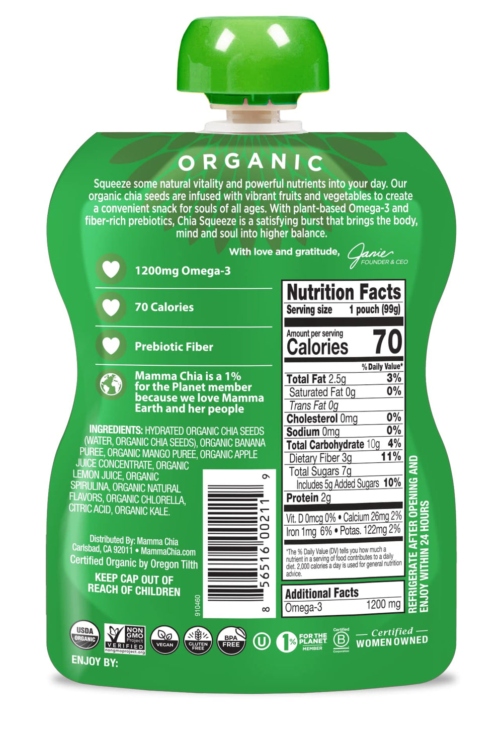Mamma Chia ingredients spread with banana mango kale showing natural ingredients