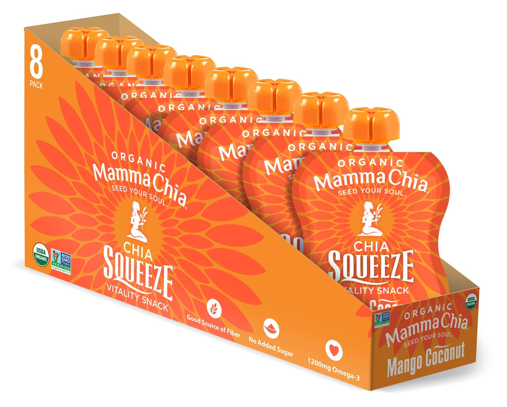 Mamma Chia front packaging showing 16 pouches and organic benefits