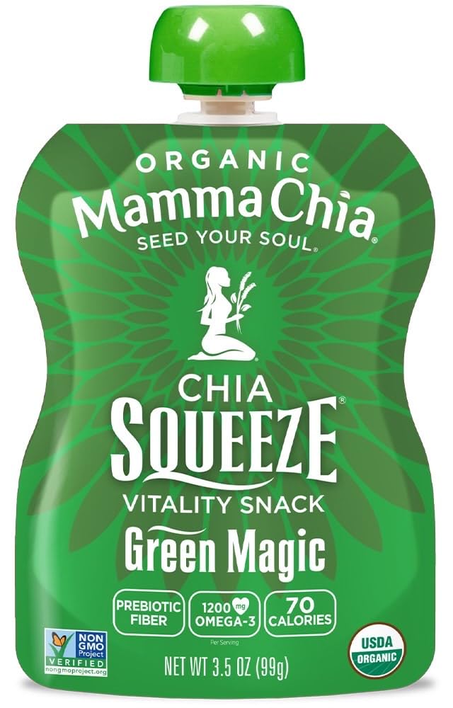 Mamma Chia open pouch showing smooth, seedy consistency and satisfying texture