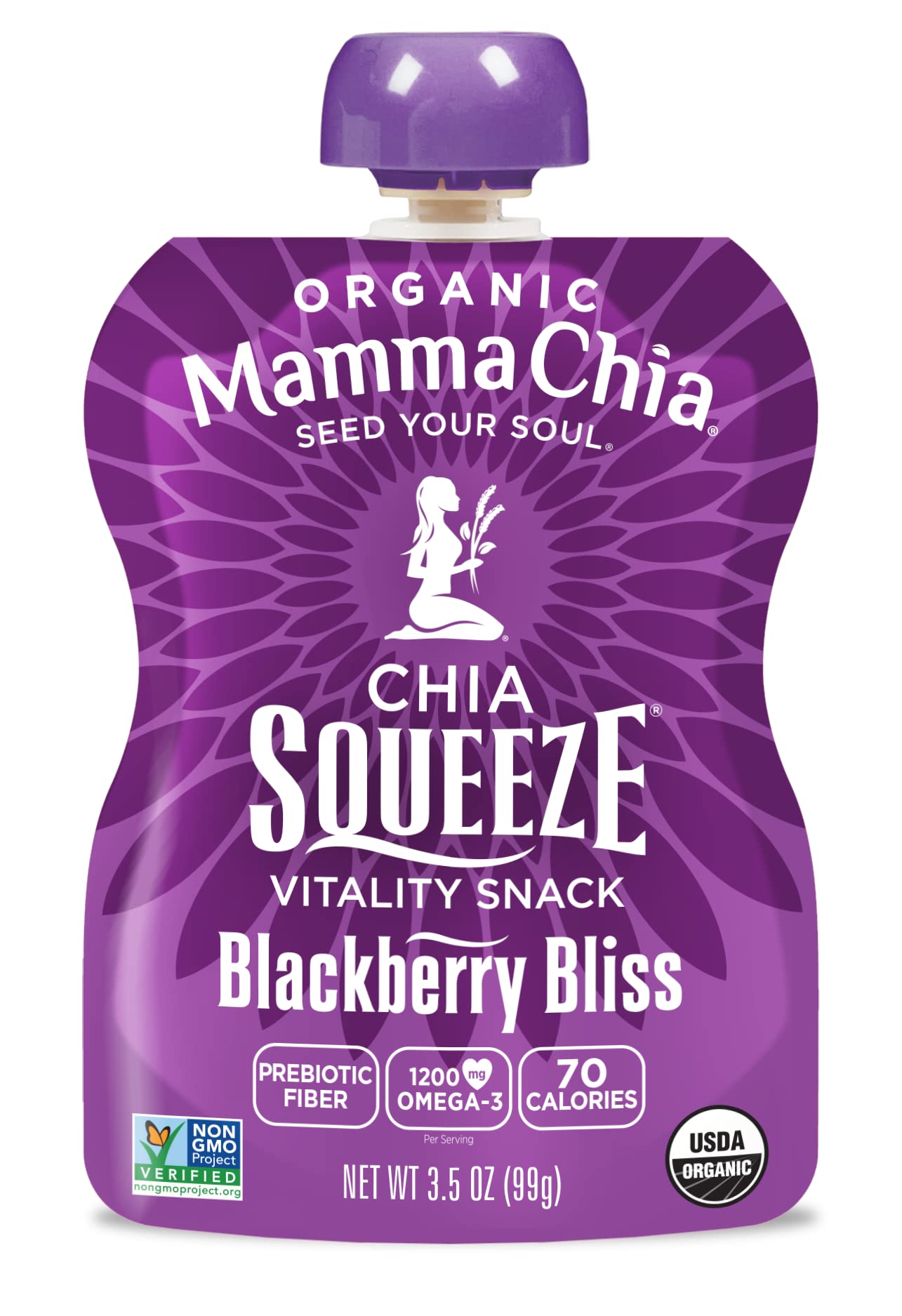 Mamma Chia single pouch close-up displaying blackberry color and squeeze opening convenience