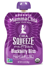Mamma Chia single pouch close-up displaying blackberry color and squeeze opening convenience