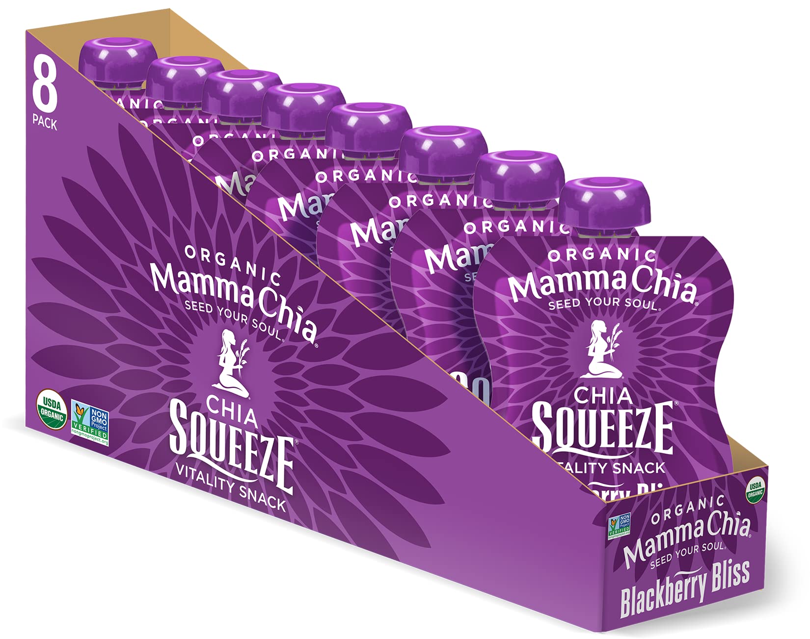 Mamma Chia front packaging showing pouch and branding, convenient organic snack