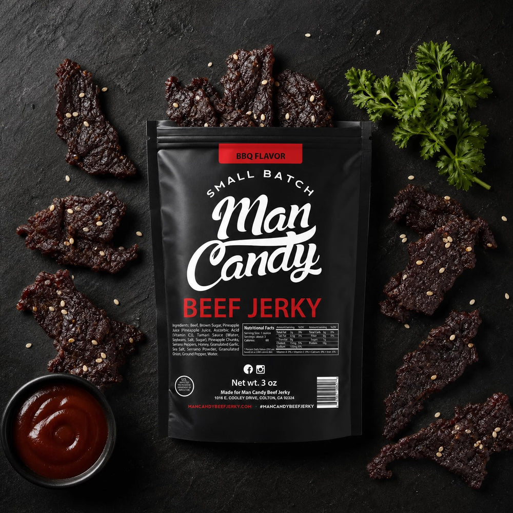 Man Candy close-up of jerky texture highlighting tender chew and premium beef quality